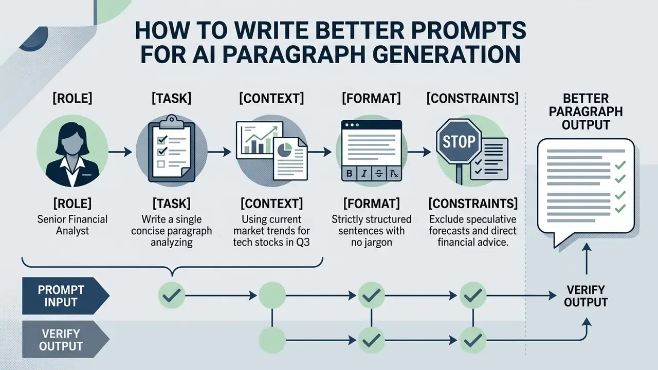 Step-by-step diagram illustrating a framework for building effective AI paragraph generation prompts