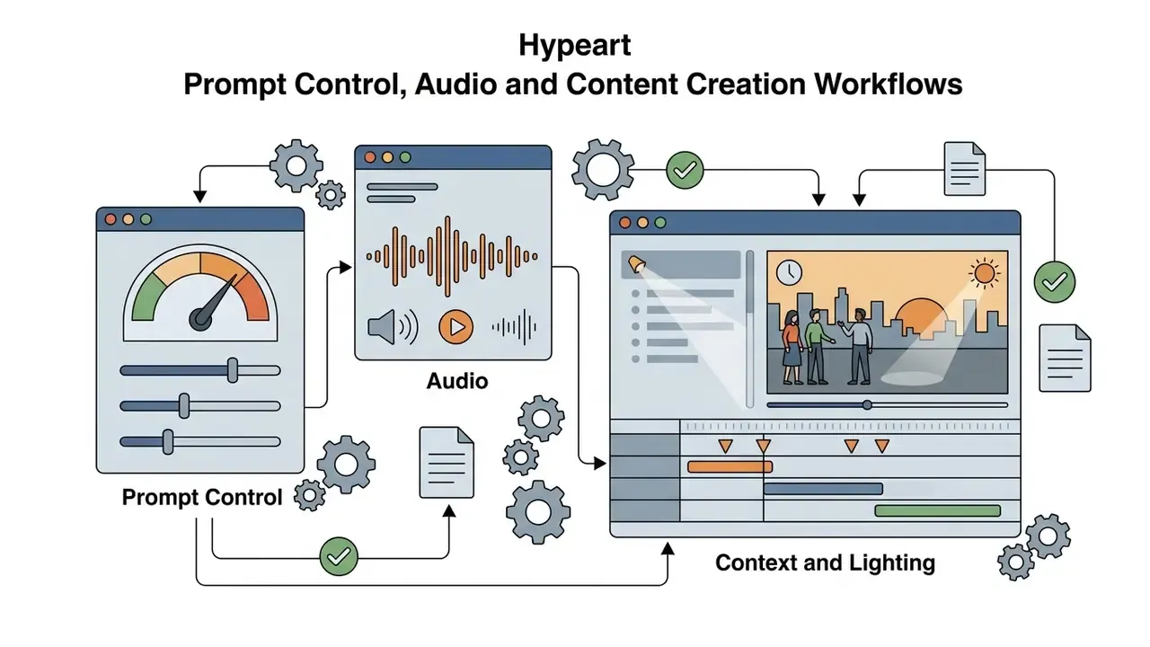 Software windows integrating prompt sliders, audio waveforms, and lighting adjustments into a video timeline
