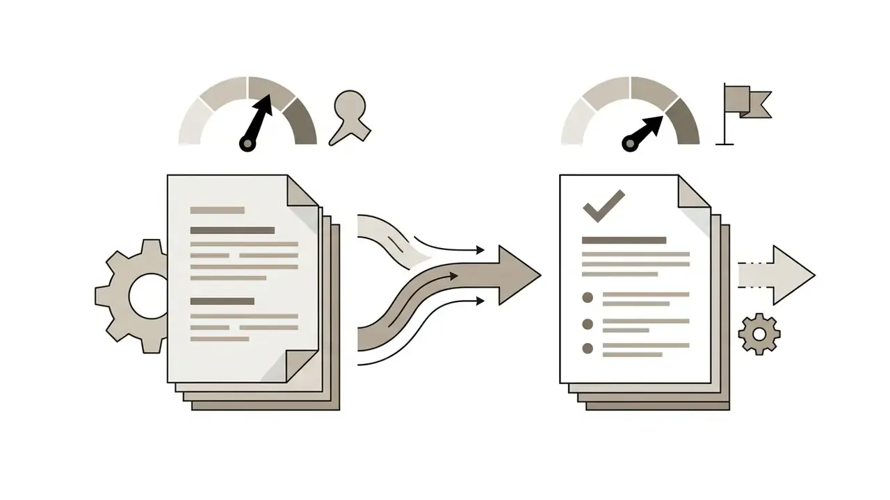 Draft documents with a gear icon moving toward a checked file and gauge representing a refined process