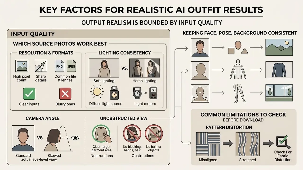 Infographic detailing how input quality and consistency affect AI outfit results in a photo editor