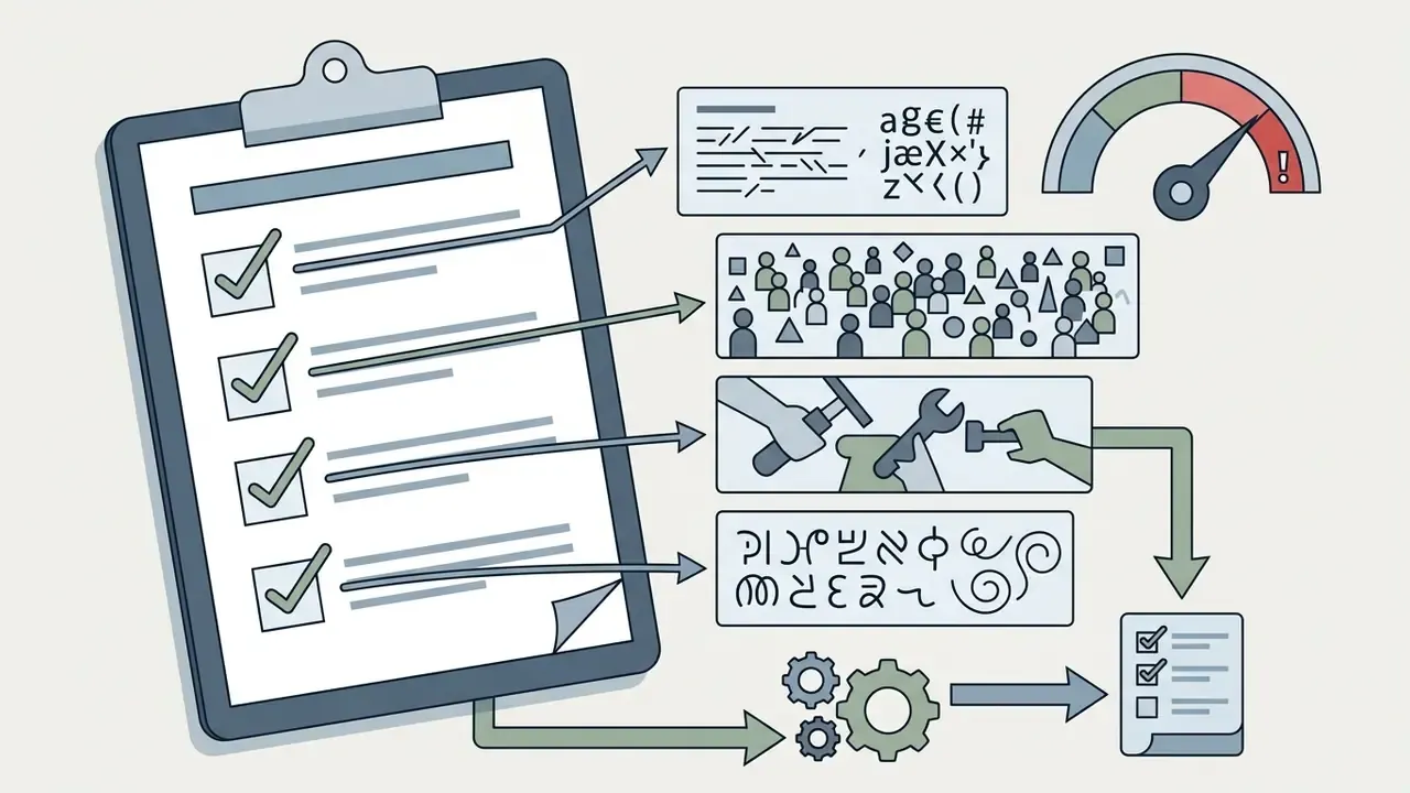 Clipboard with checklist pointing to icons representing common AI image generation failure modes