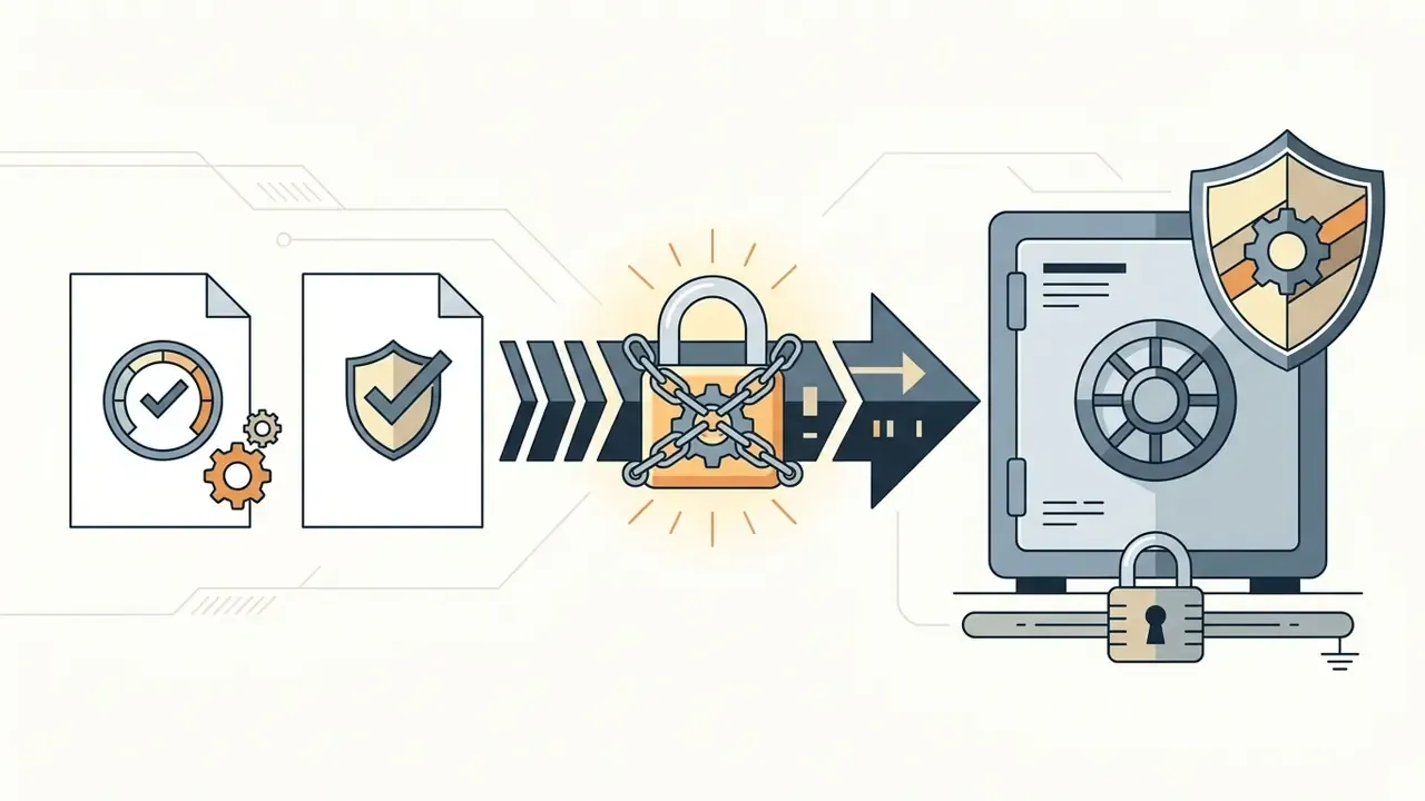 Documents moving through a locked chain process into a secure vault protected by a shield icon
