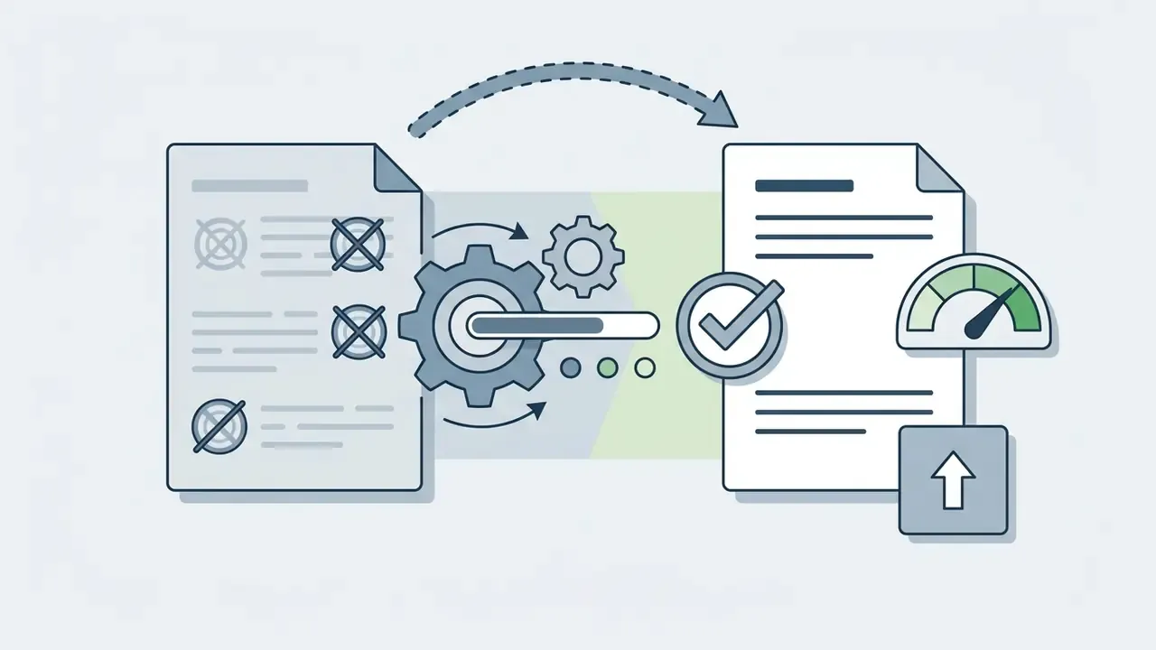 Document with crossed-out items being processed by gears into a verified file with a speed gauge