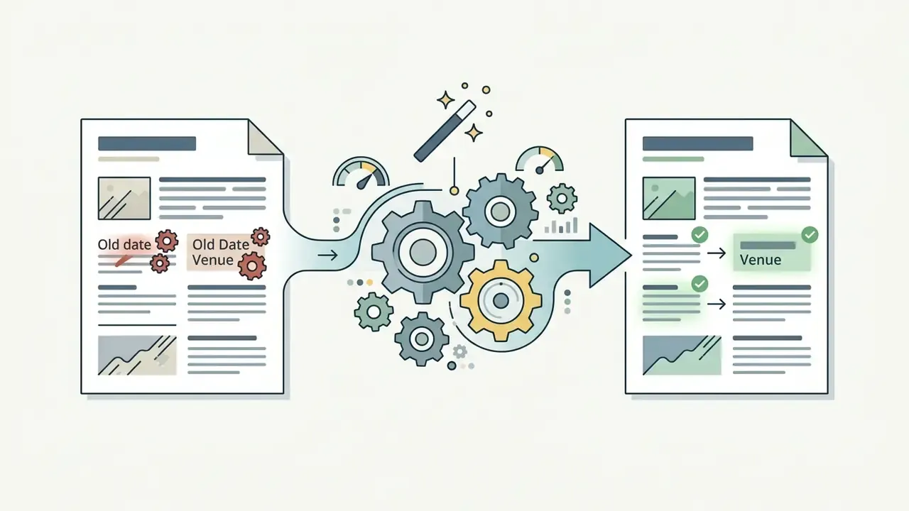 Document with outdated text flowing through gears and a magic wand to emerge as a finalized flyer