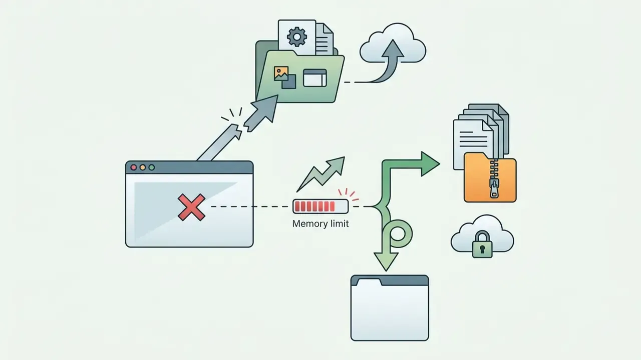 Browser window error flowing into a memory limit indicator that routes to ZIP archives and cloud storage