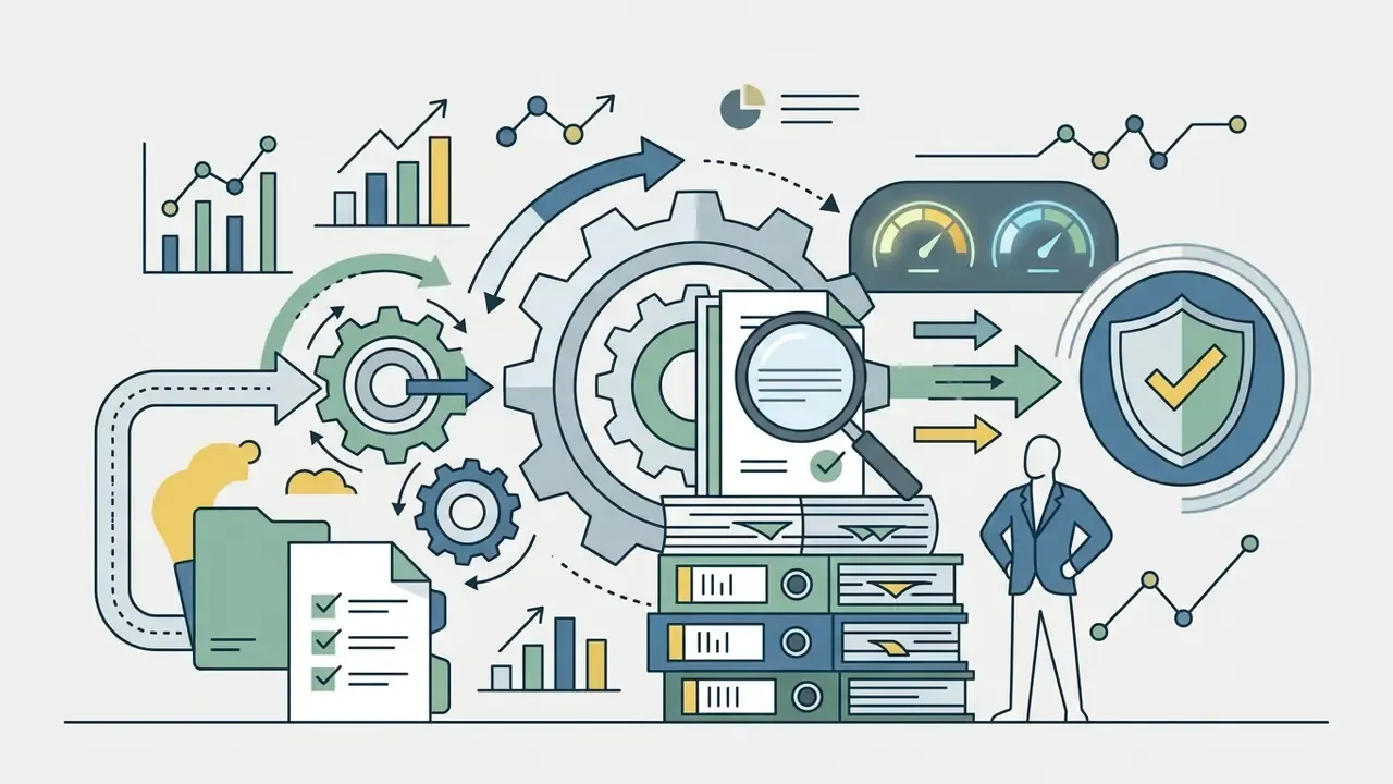 Gears, documents, magnifying glass, and a shield icon representing a business audit and compliance process