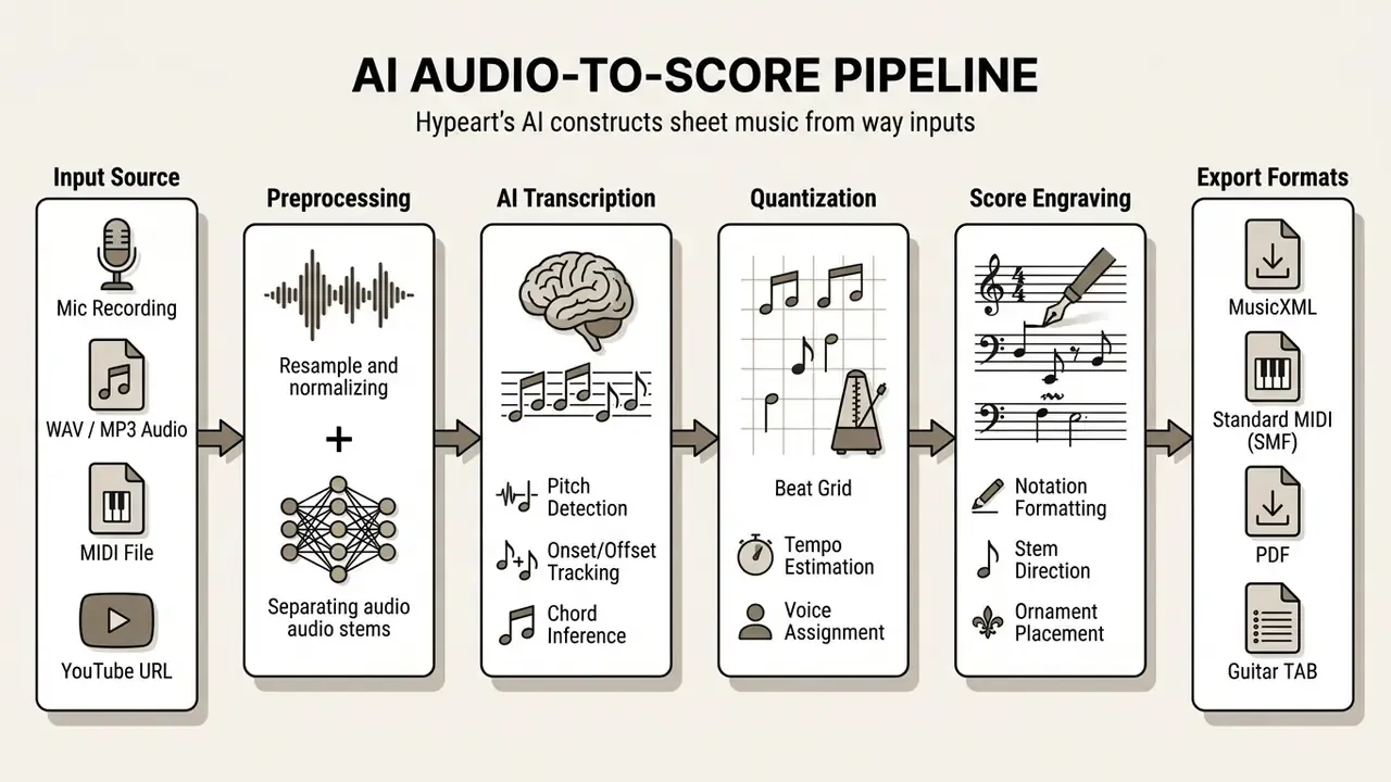Flowchart detailing the AI sheet music generator process from initial audio input to final file export