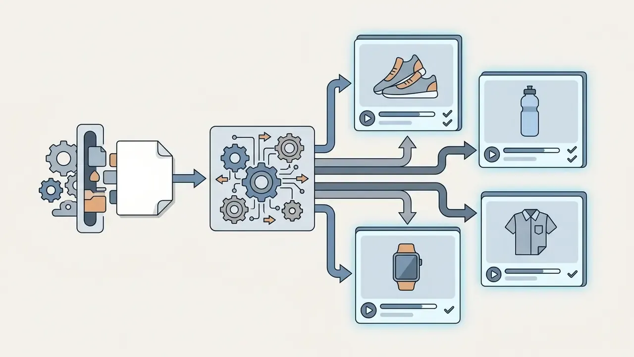 System processing a document into a central engine that outputs multiple product video cards