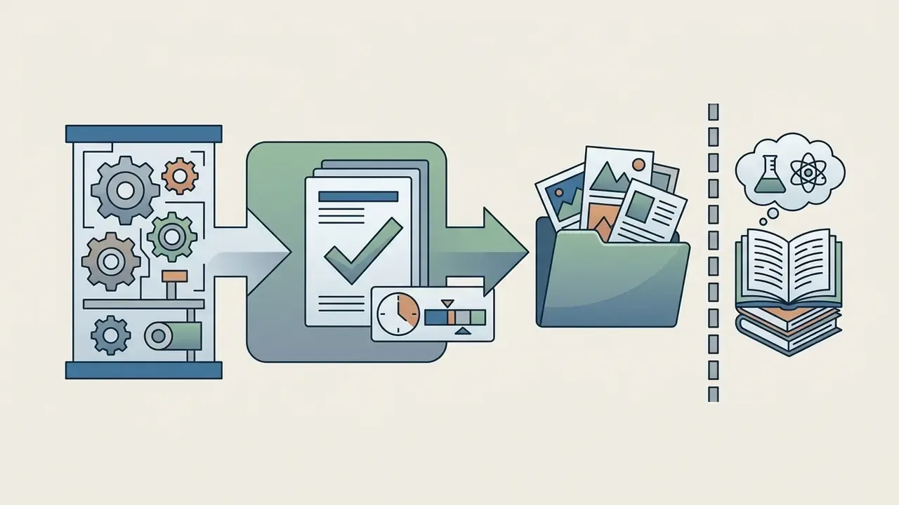 Mechanical gears processing documents into a portfolio folder separated from academic books and science icons