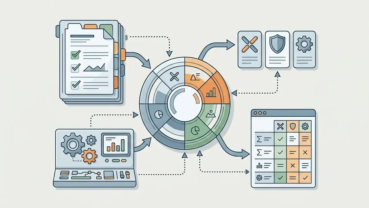 Circular hub connecting documents and processing units to a comparison table of app features