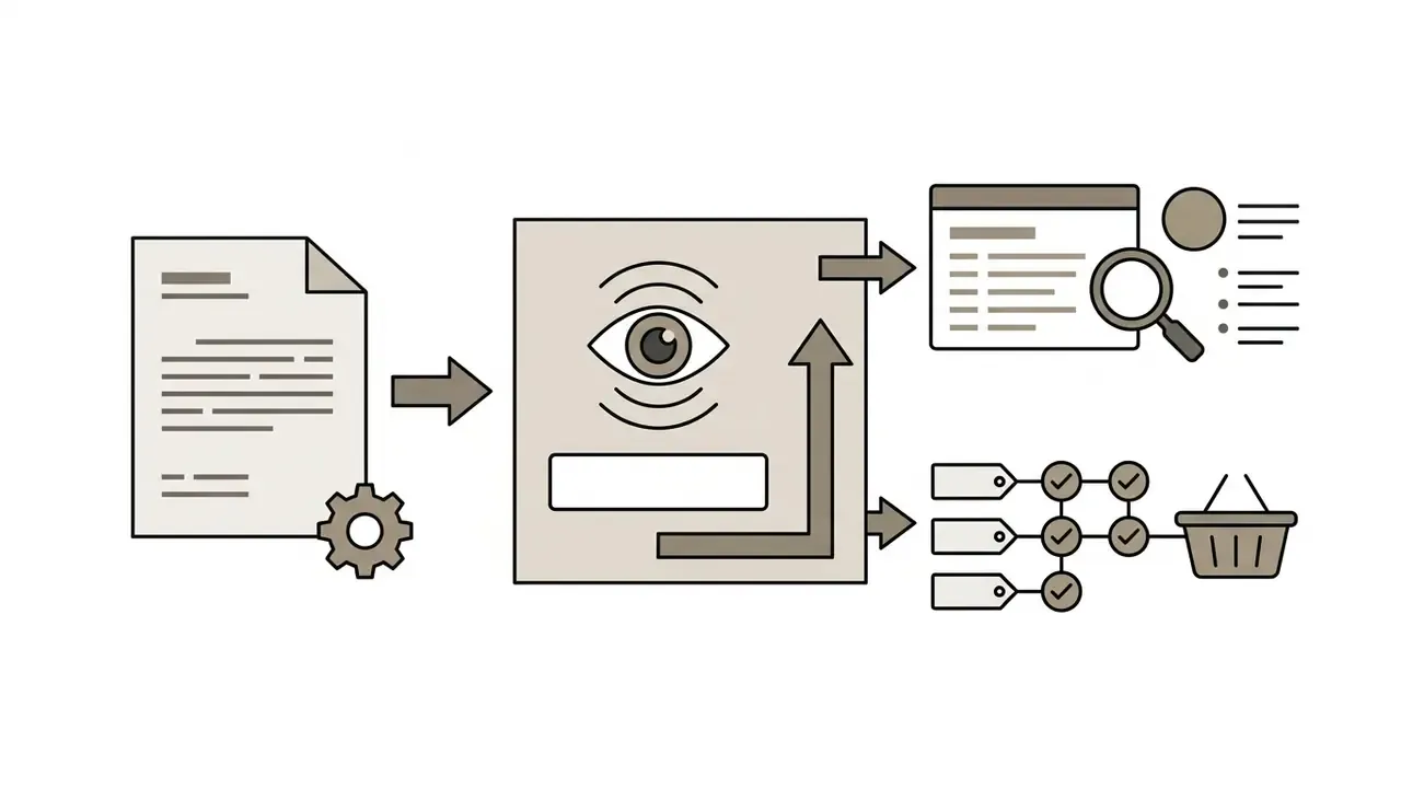 Document being processed by a central eye icon to generate search results and tagged shopping items