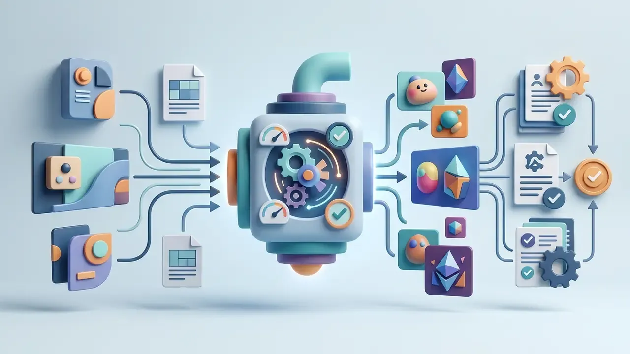 3D machine processing digital inputs into stylized character icons and documents with gear indicators