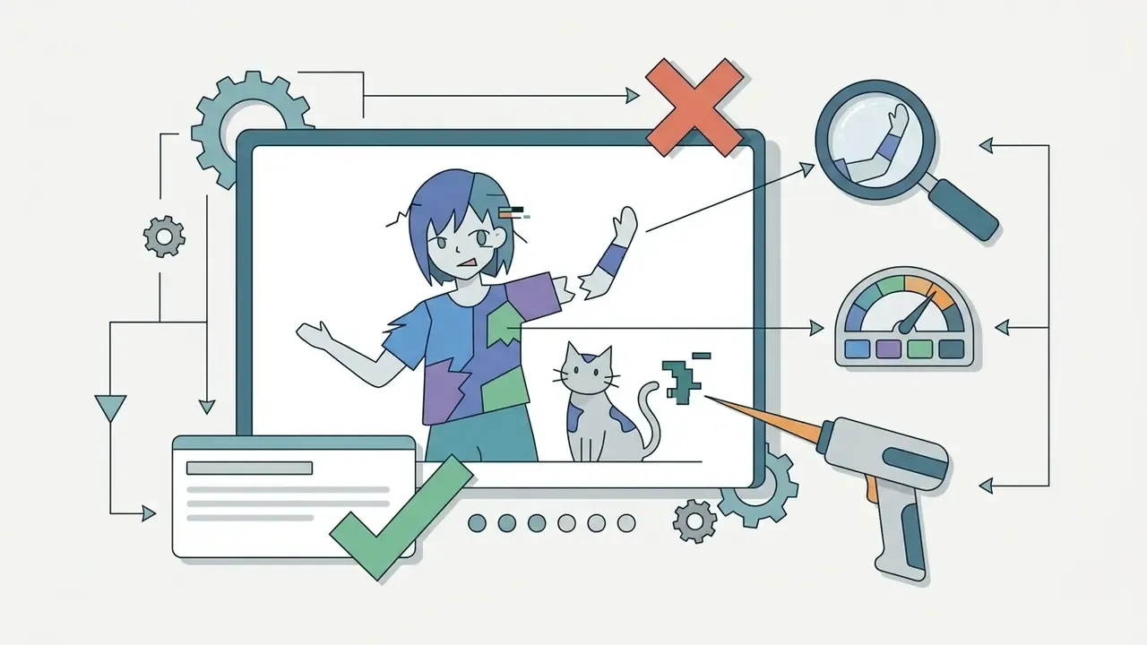 Screen showing an anime character with visual glitches being inspected by tools like a lens and a scanner