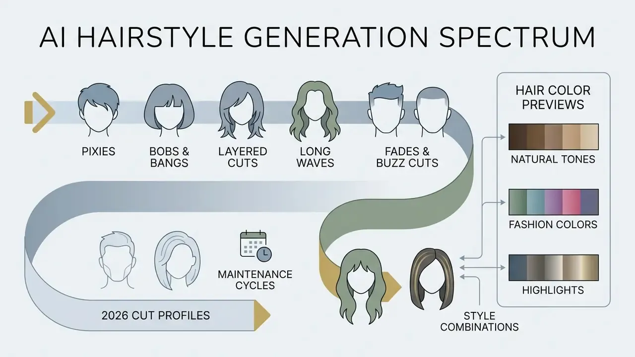 Diagram showing various haircut styles, maintenance cycles, and color options for digital hair previews