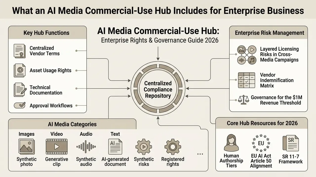 Infographic showing a central compliance repository connected to hub functions, risk management, and media types