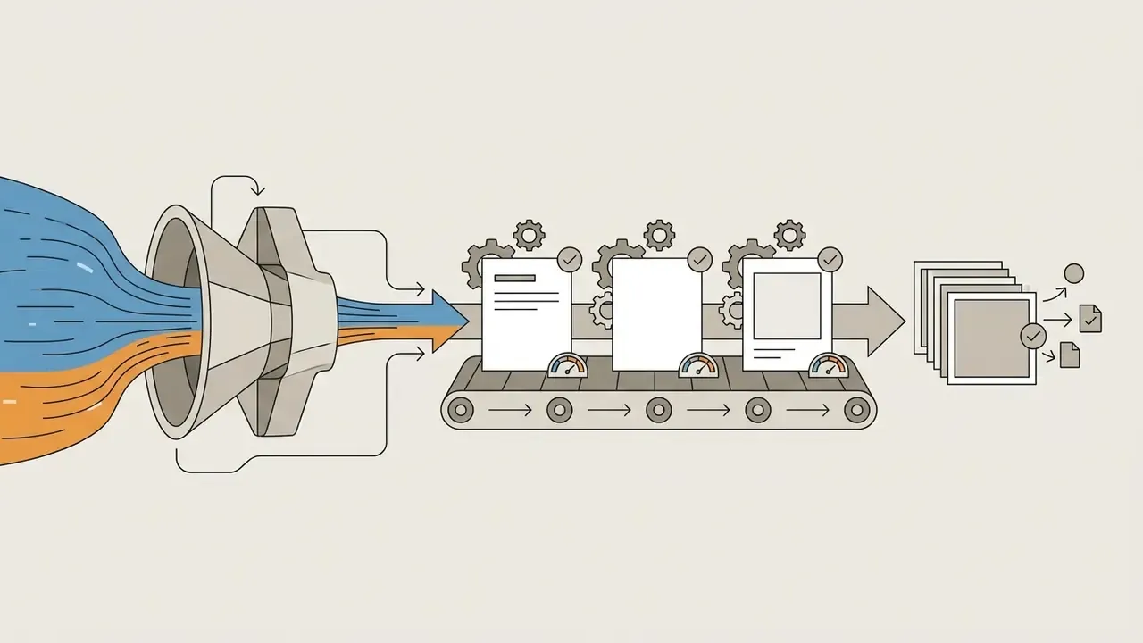 Colored streams flowing through a funnel onto a conveyor belt processing documents into digital files