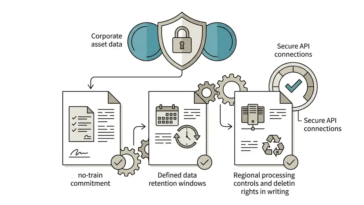 Shield icon with a lock symbol connecting to documents detailing data retention and processing policies