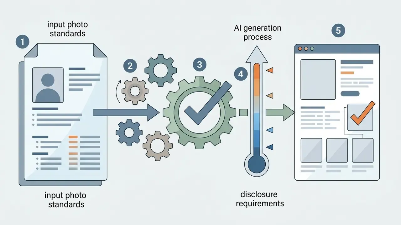 Five step workflow showing photo standards, gear processing, generation, and final web page compliance