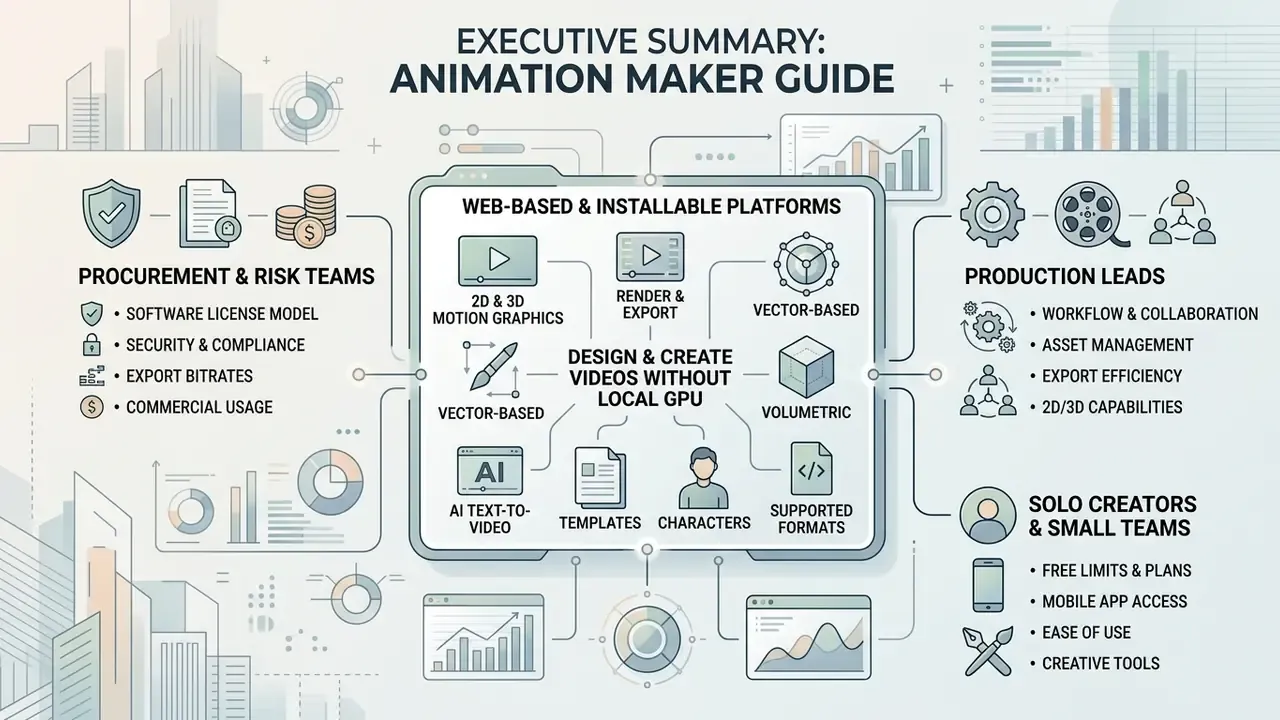 Infographic showing animation maker features for procurement, production leads, and solo creators