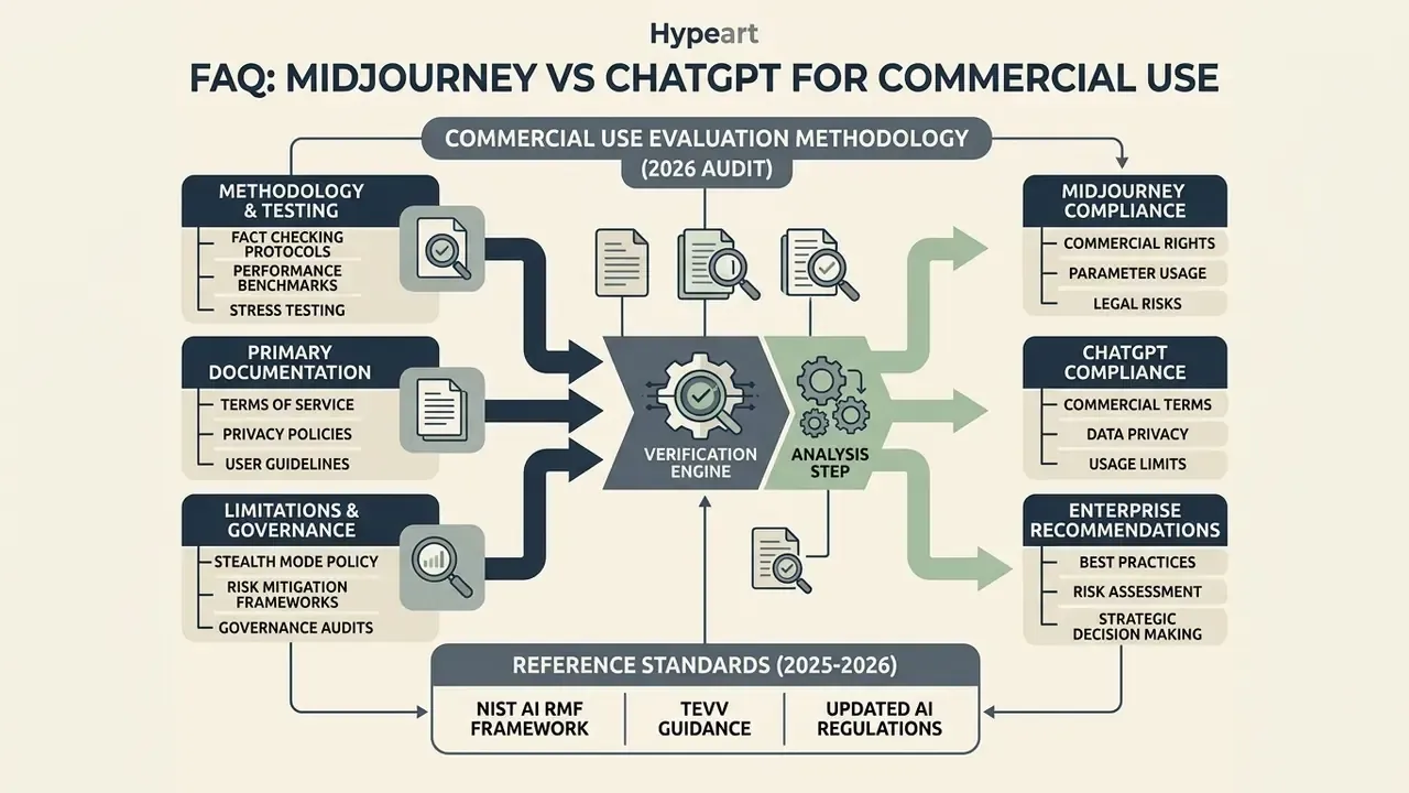 Process diagram showing a verification engine and analysis step for evaluating Midjourney and ChatGPT