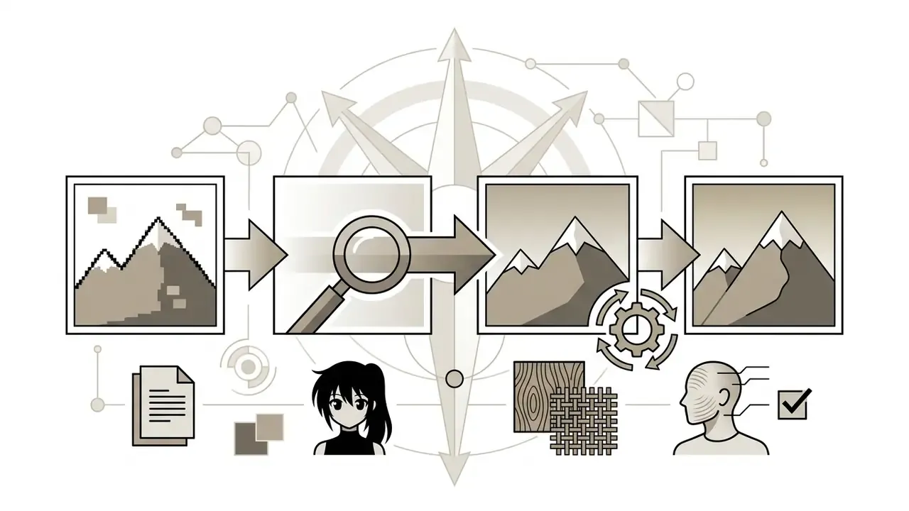 A pixelated mountain image being analyzed and refined into a sharp high-resolution scene