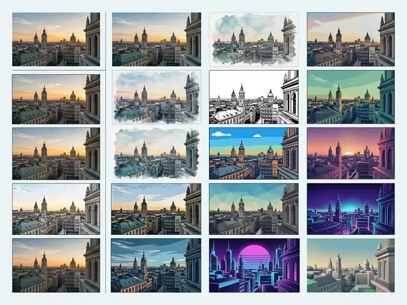Grid of cityscapes showing various artistic style transfers applied to a single source photograph