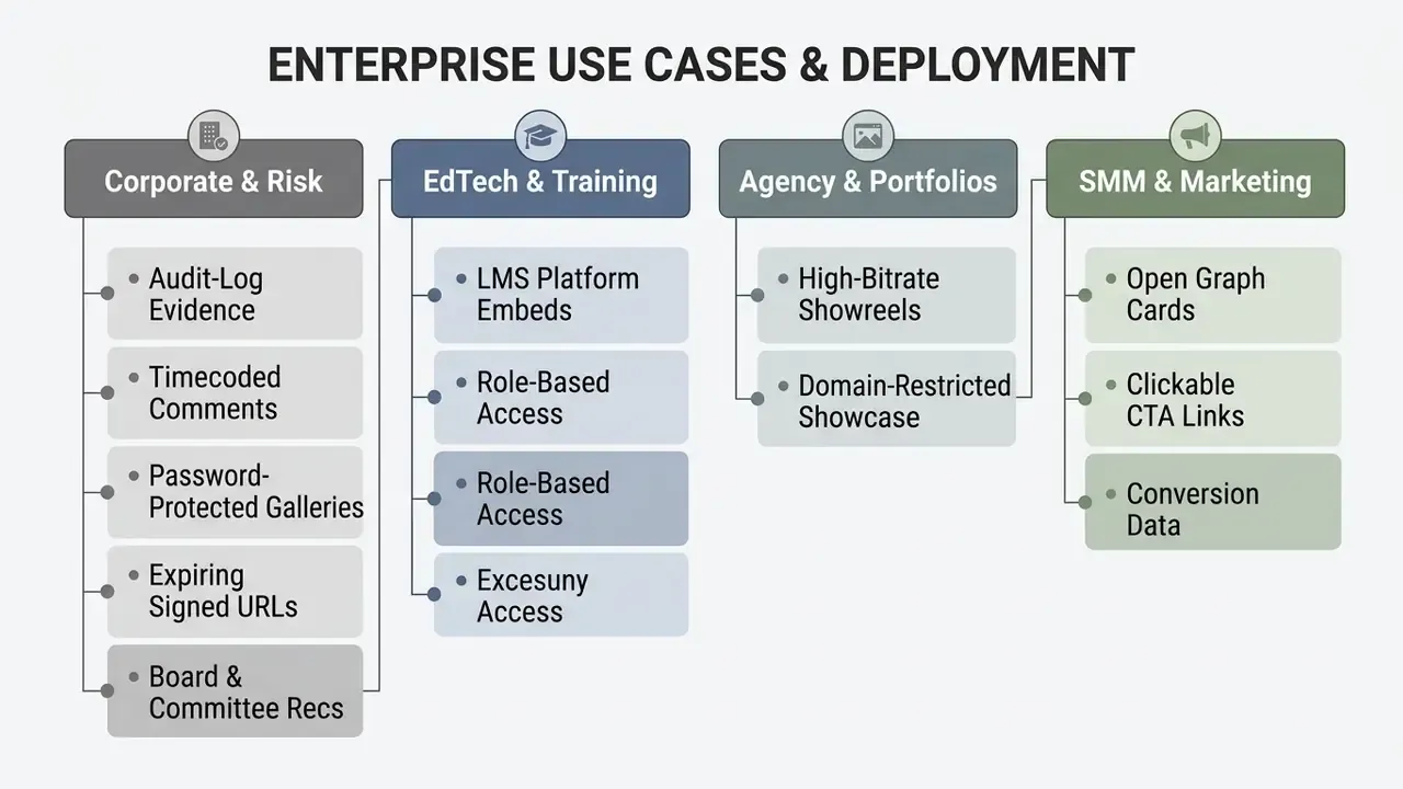 Categorized list of enterprise deployment scenarios including corporate risk, training, and marketing