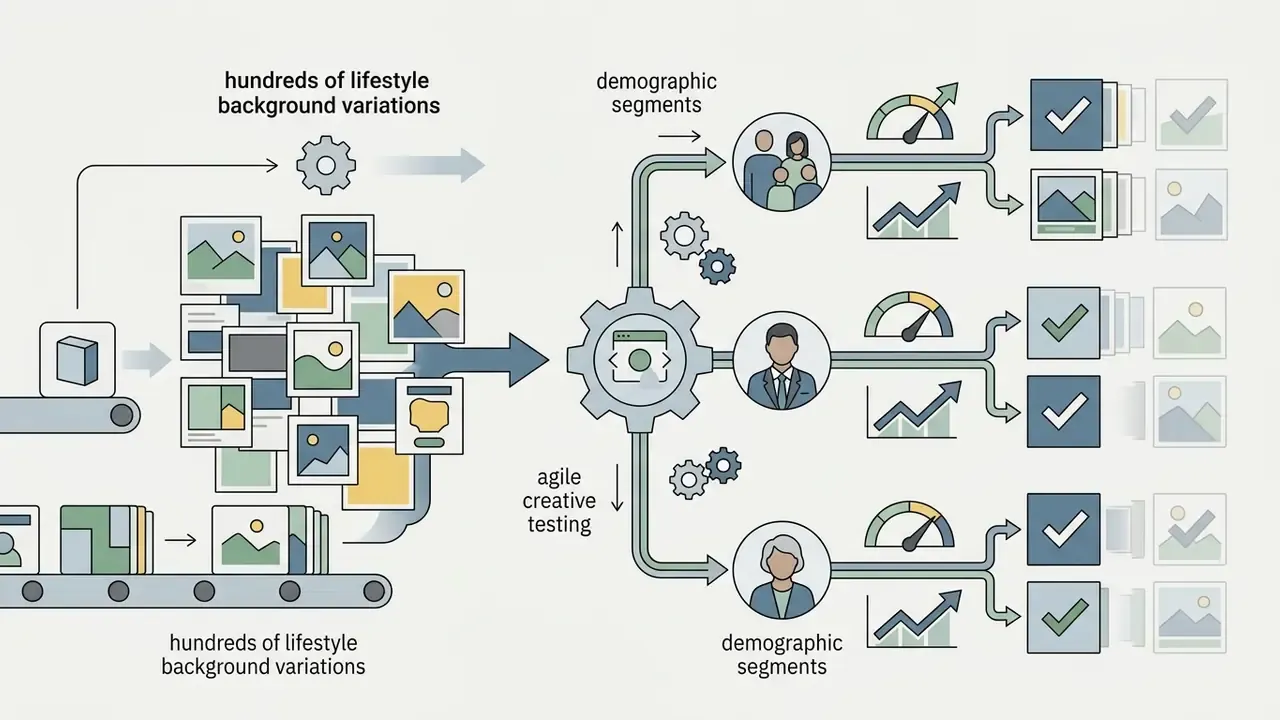 Process flow showing AI product photography generating background variations for targeted demographic testing