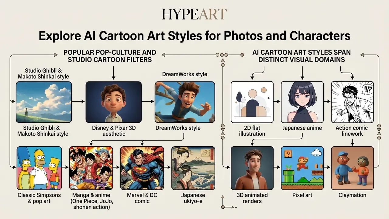 Grid of diverse cartoon art styles including anime, 3D renders, comic book linework, and claymation