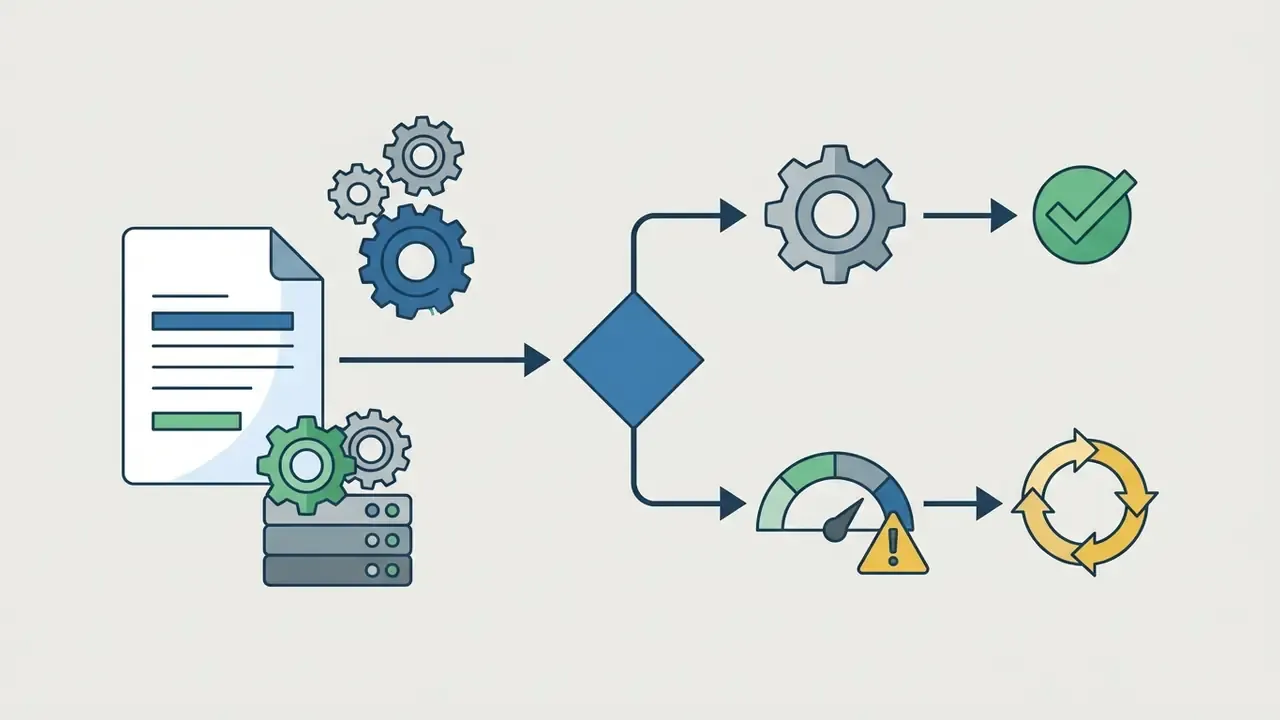 Document and server icons feeding into a decision diamond that branches into success and retry pathways