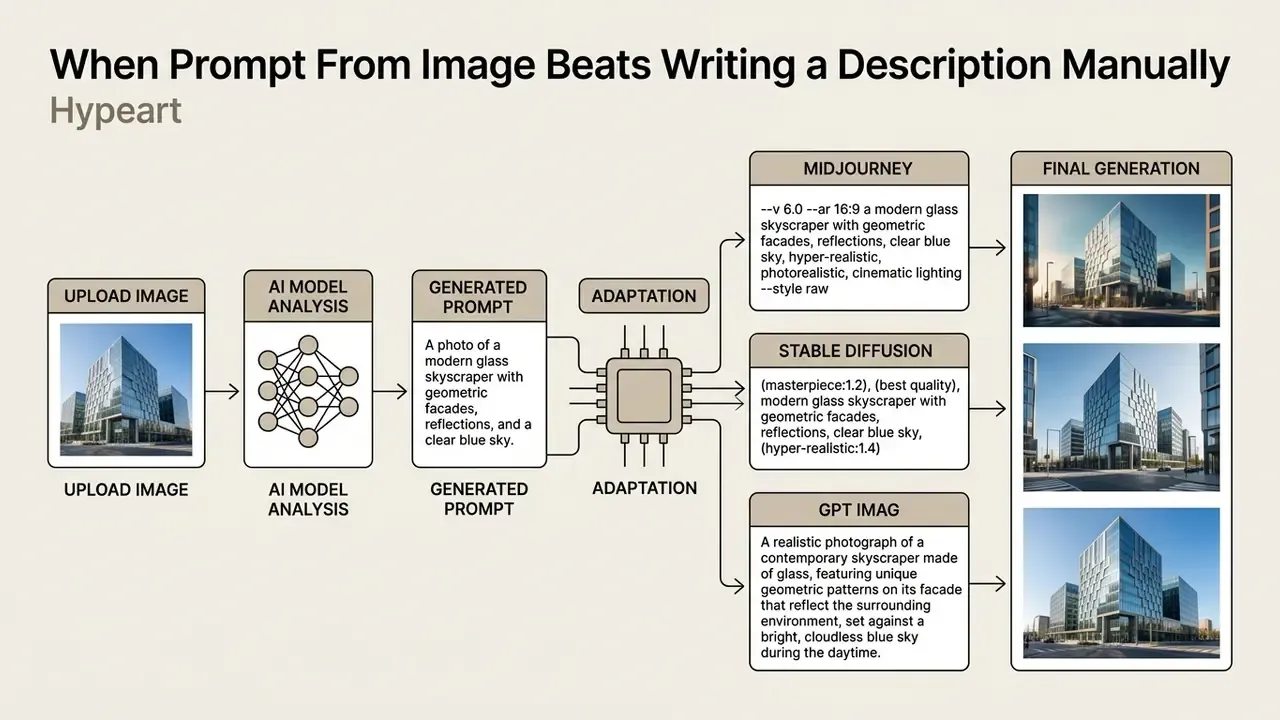 Flowchart depicting an image to AI prompt process from initial upload through analysis to final generation