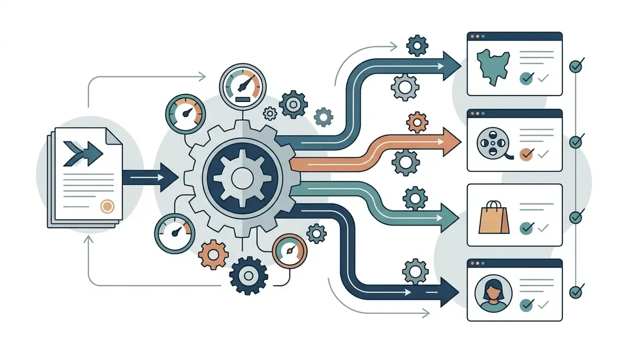 Central gear mechanism processing document inputs into diverse regional and audience-specific outputs