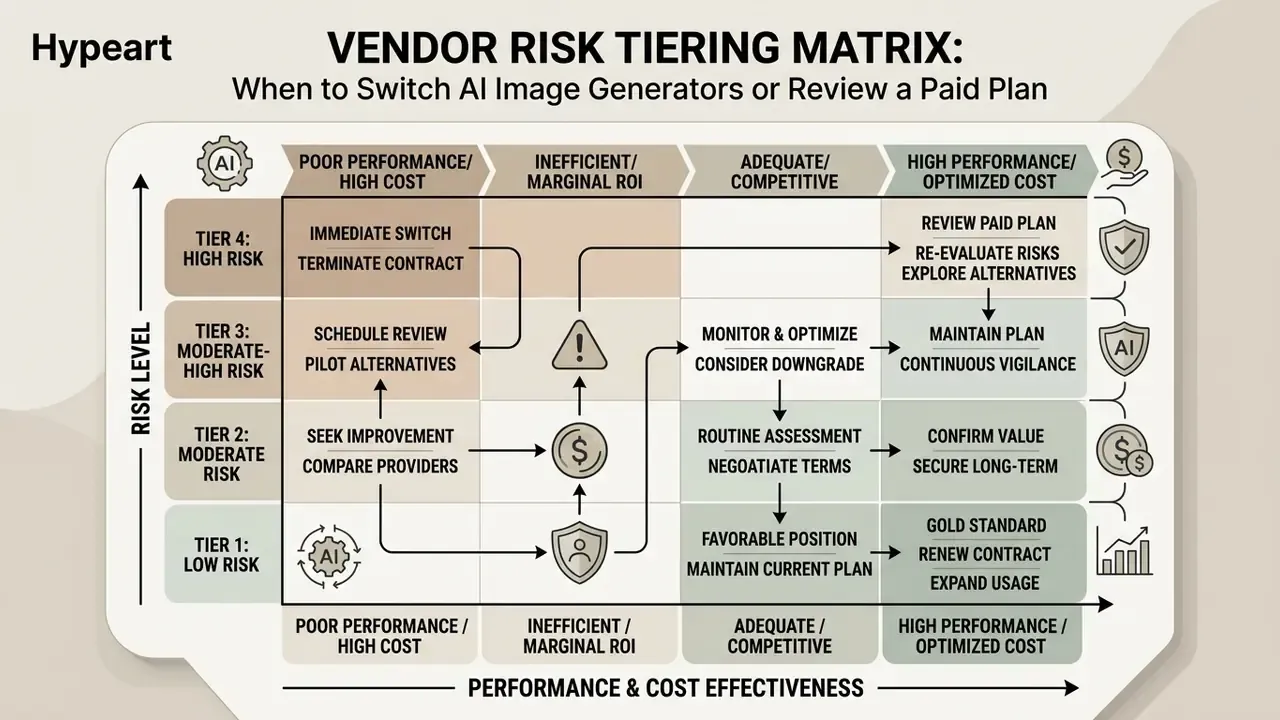 Matrix grid mapping risk levels against performance and cost effectiveness for AI image generators