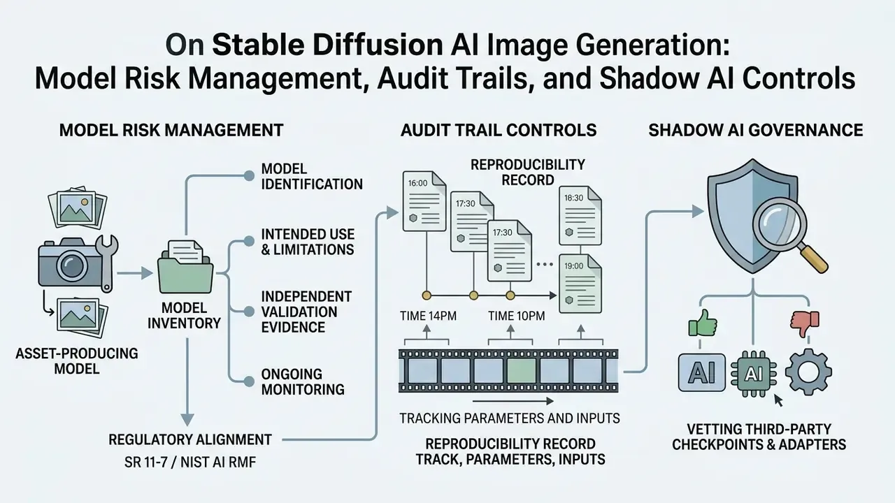 Diagram illustrating governance steps for Stable Diffusion including model inventory and audit controls