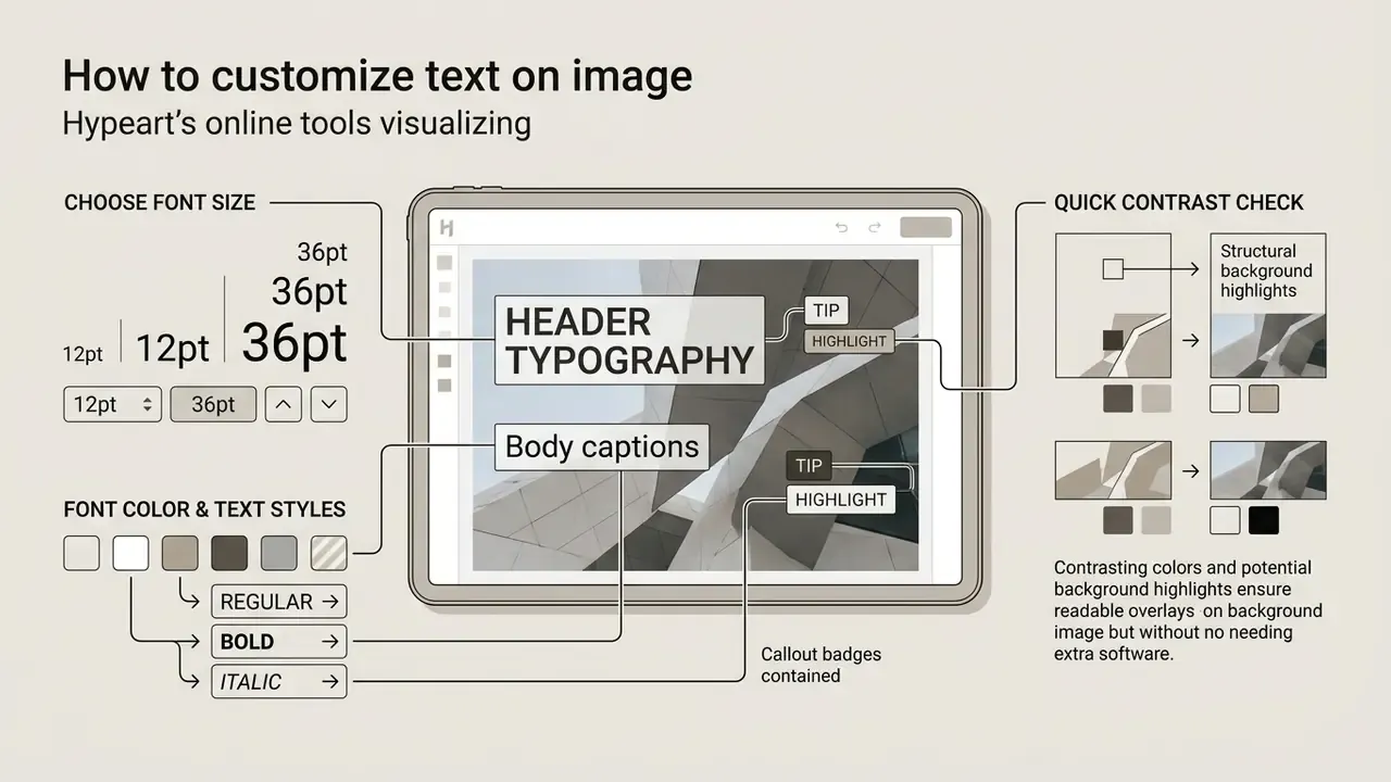 Infographic showing how to adjust font size, color, and background highlights to add text to image