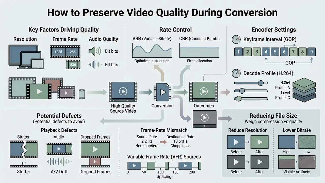 Infographic detailing technical factors like bitrate, resolution, and encoder settings for video processing