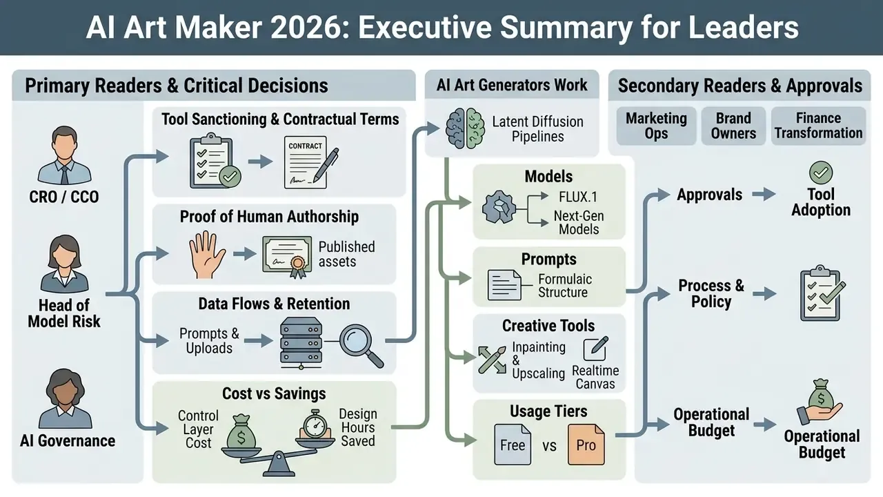 Infographic mapping executive decision flows for an AI art maker across governance and operational teams