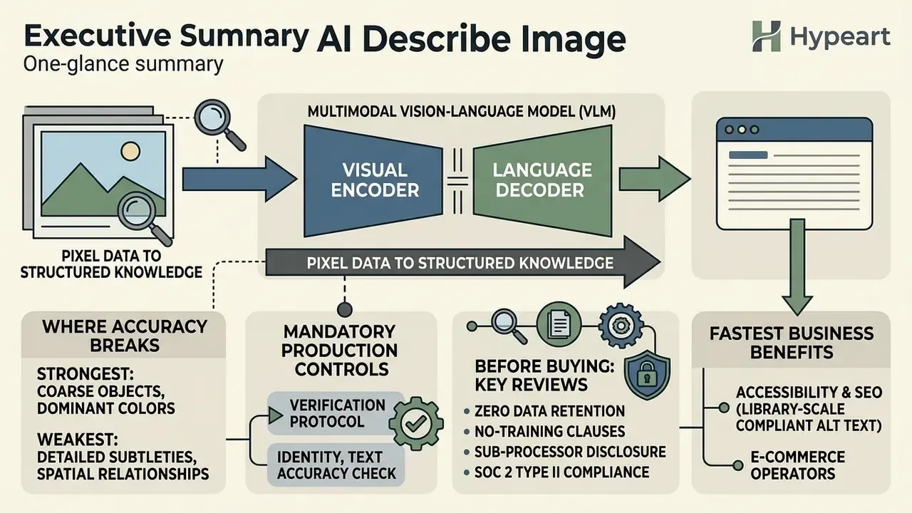 Flowchart showing an AI describe image system converting visual data into structured text and business insights