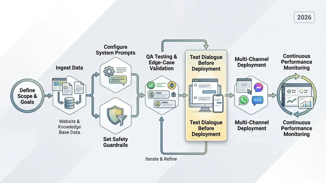 Sequential workflow diagram showing data ingestion, configuration, testing, and deployment stages