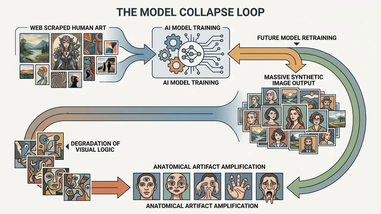 Circular diagram showing how synthetic data feedback loops cause visual degradation in AI model training
