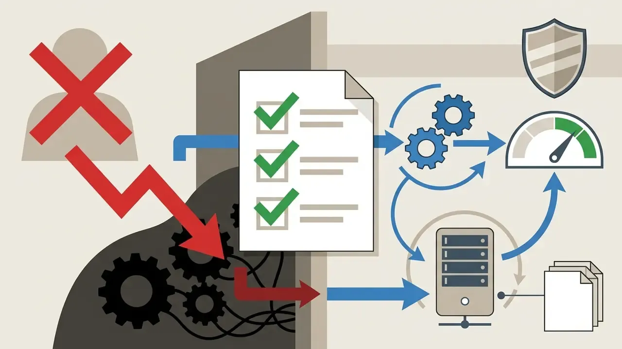 Blocked user icon and gears connecting to a document with checks, a server, and a status gauge