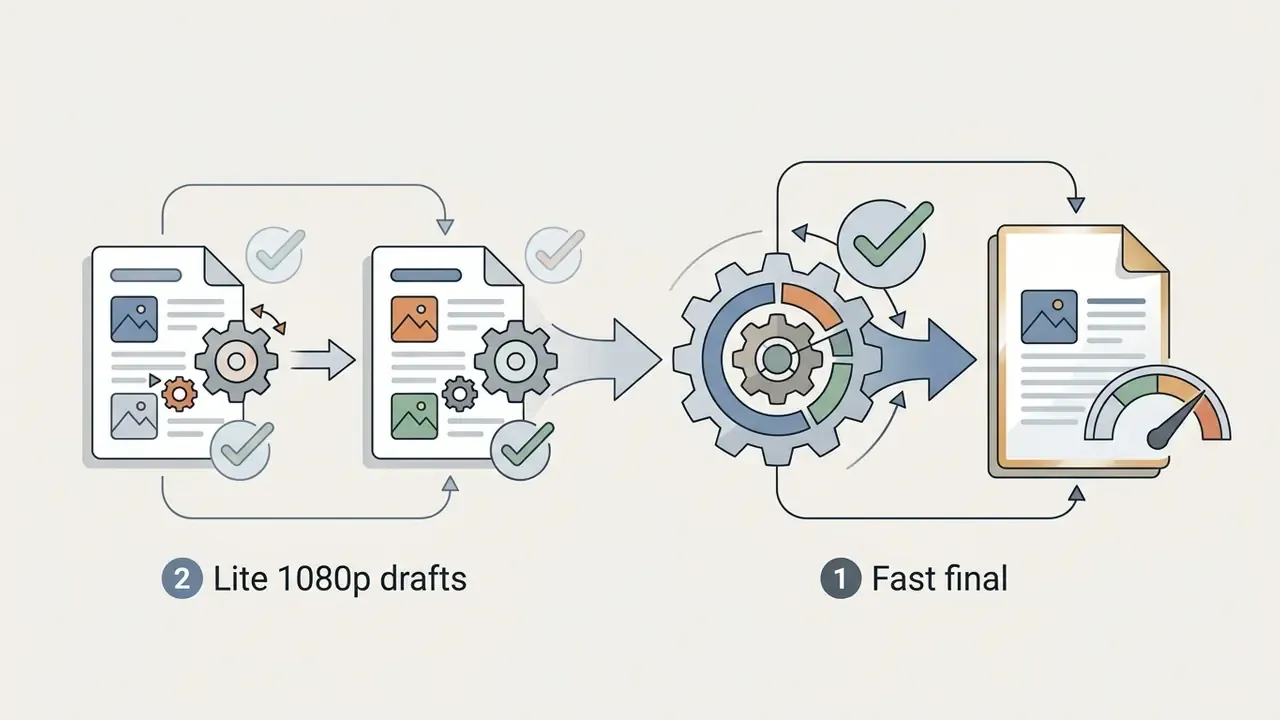 Two document icons with gears feeding into a central mechanism that outputs a final document with a gauge