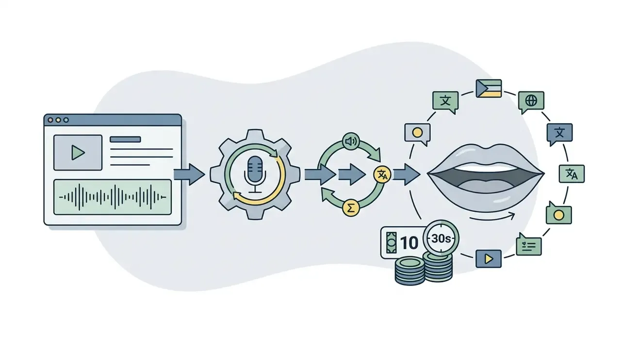Process flow showing video audio being processed through gears into multilingual lip sync animation