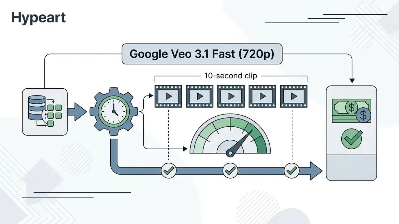 Data blocks feeding into a clock gear and speed gauge to calculate AI video production costs