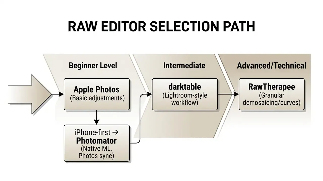 Decision path for choosing a photo editor for Mac, ranging from beginner apps to advanced technical tools