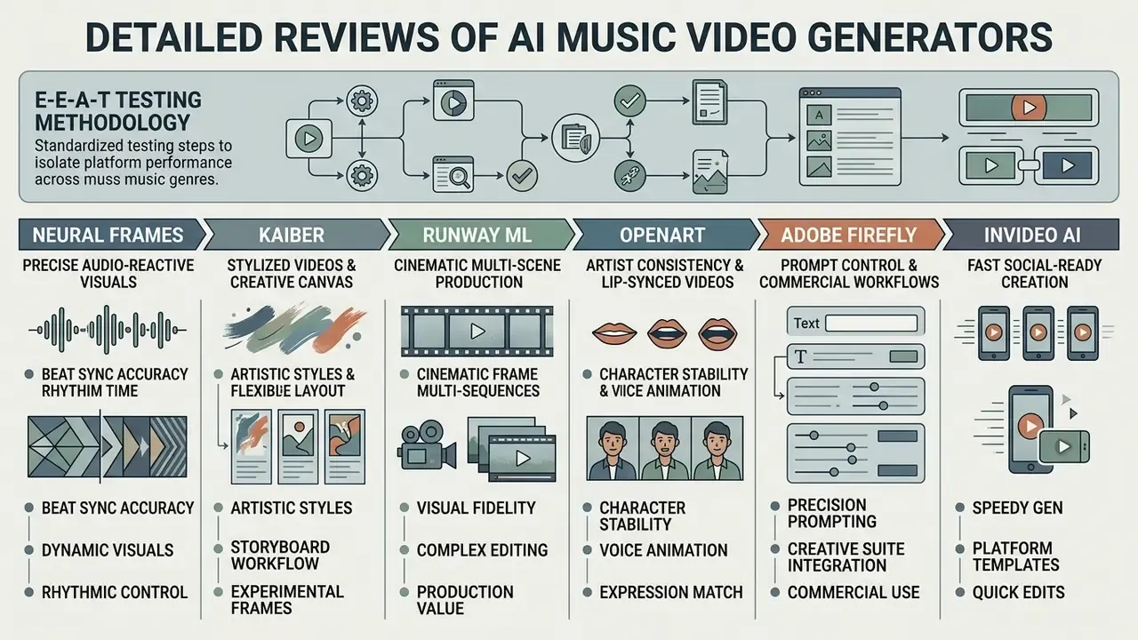 Infographic outlining testing methodology and key features for six prominent AI music video generators