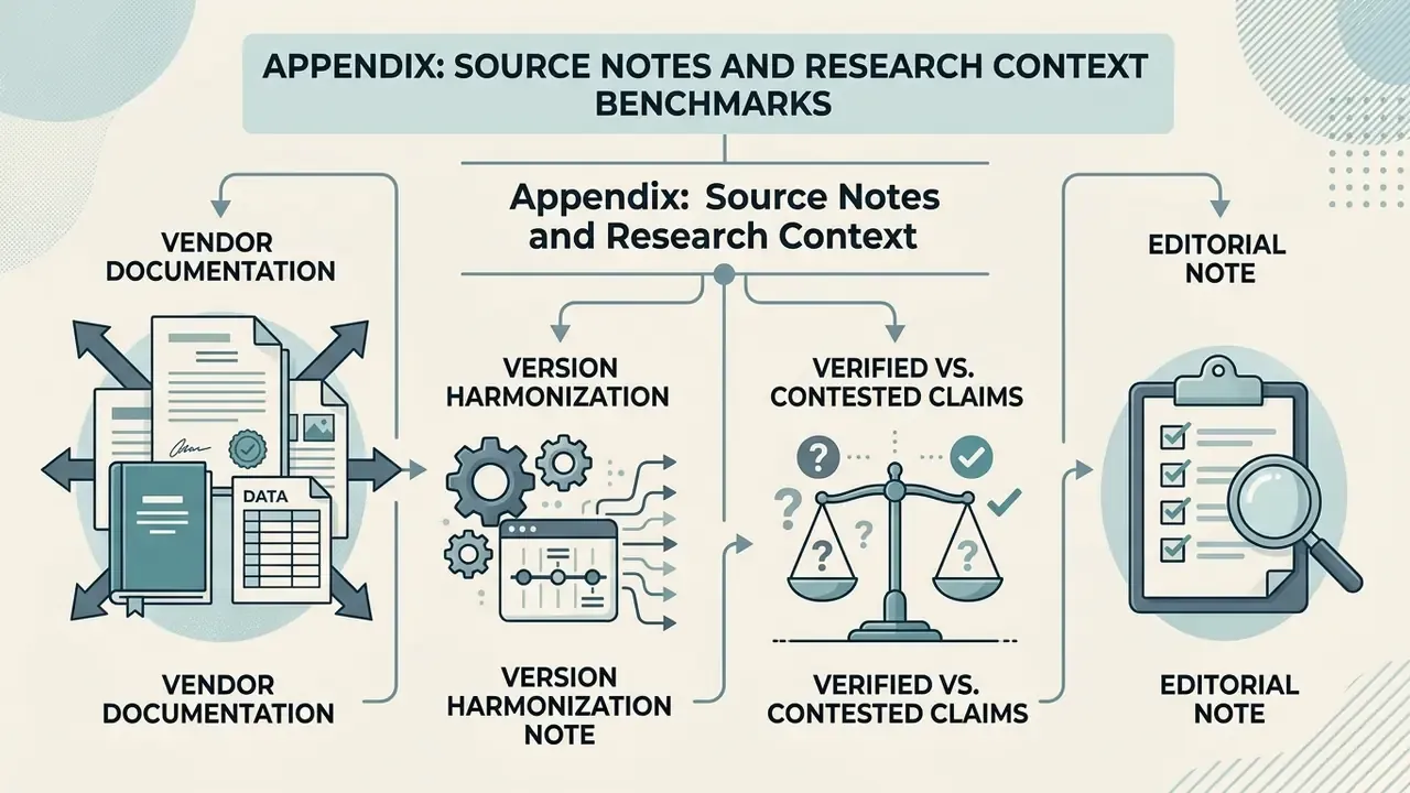 Flowchart showing research benchmarks including vendor documentation, version harmonization, and claim analysis