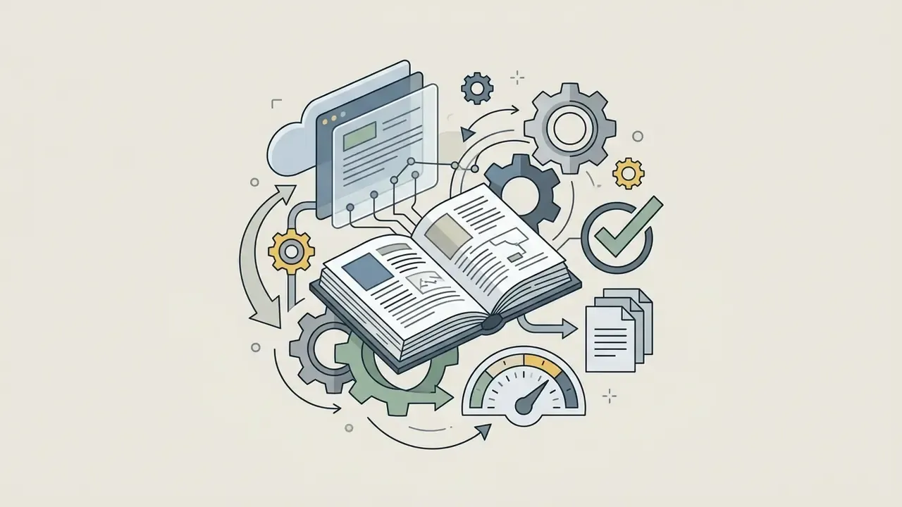 Open book linked by arrows to gears, a cloud interface, a gauge, and a checkmark icon