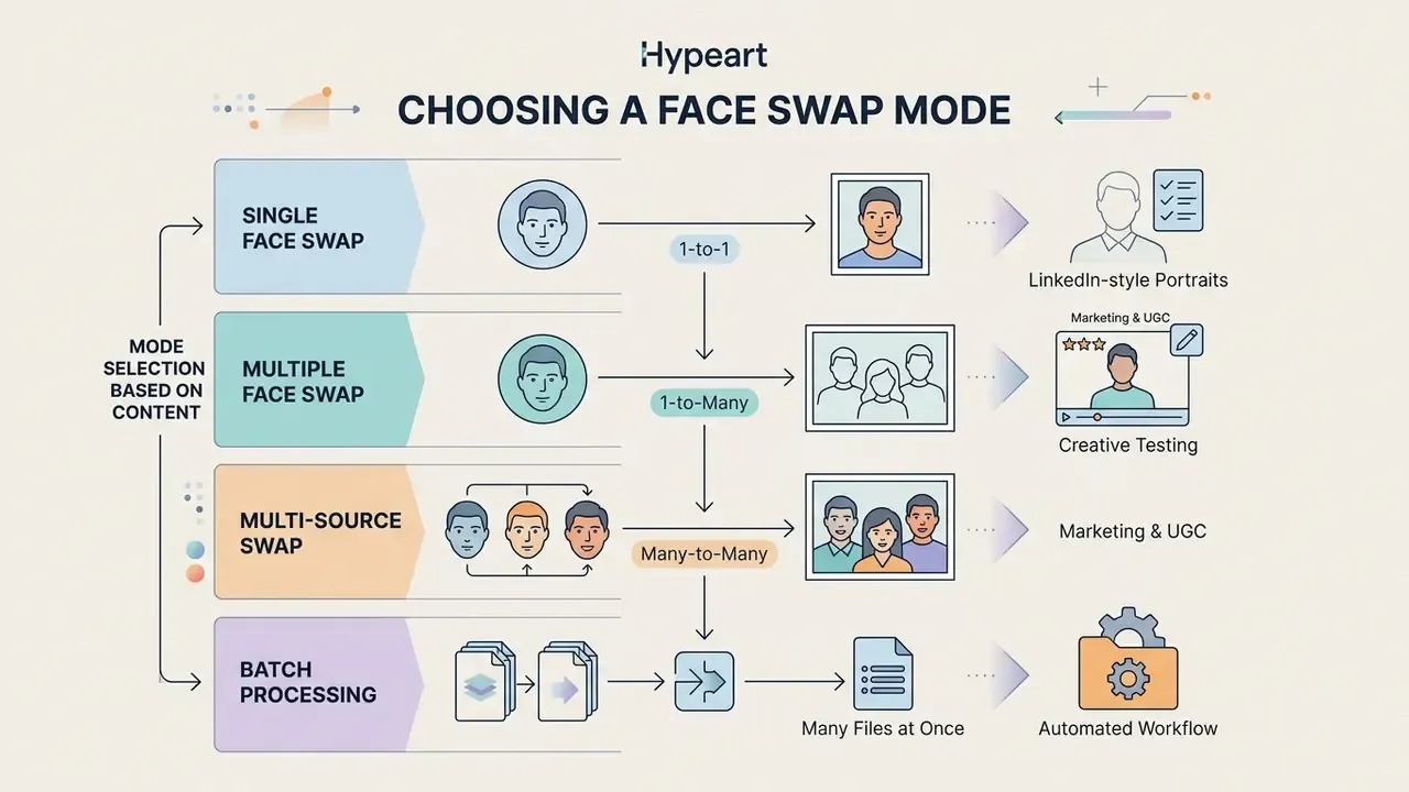 Flowchart comparing single, multiple, multi-source, and batch processing modes for digital media