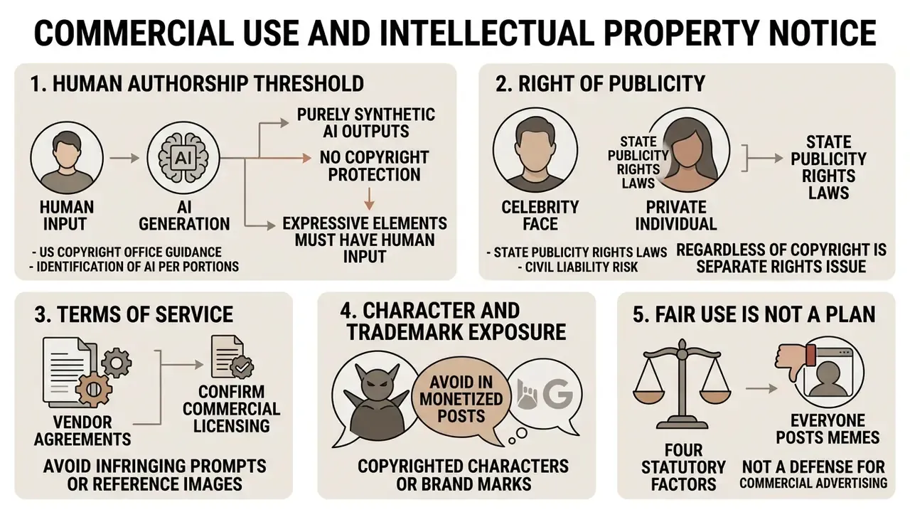 Five panels outlining legal considerations for AI content including authorship, publicity, and licensing